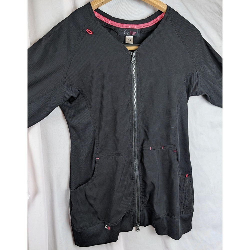 Koi Lite Womens Black Full Zip Scrub Jacket XS Ribbed Performance Medical Top